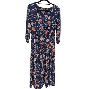 Ryan Michelle Womens Sz L Long Sleeve Maxi Dress Dark Blue Coral Floral Print